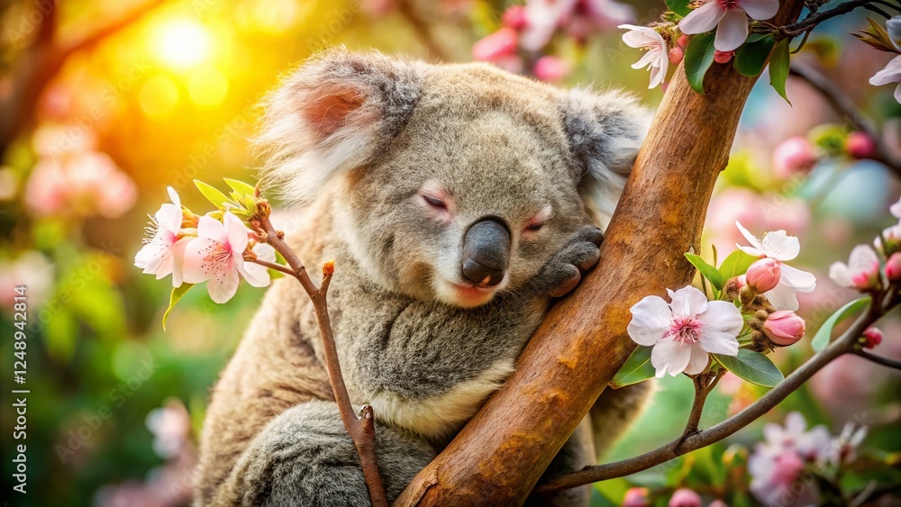 Fototapeta premium Adorable Koala Hugging Blossoming Tree Branch - Drone Aerial View