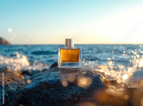Product photography of a perfume bottle on a rock in front of a background of the sea, sky, and waves, with a blurred foreground. 