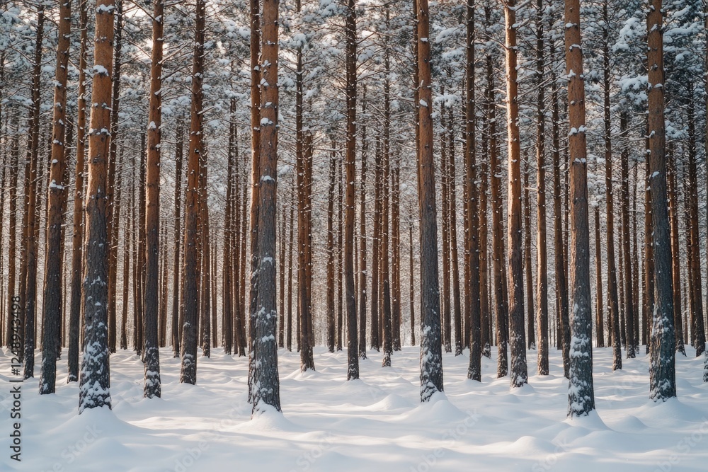 Snowy forest scene with trees and ground covered by white snow. Natural winter beauty. Snowy forest scene with trees and ground covered by white snow. Natural winter beauty.