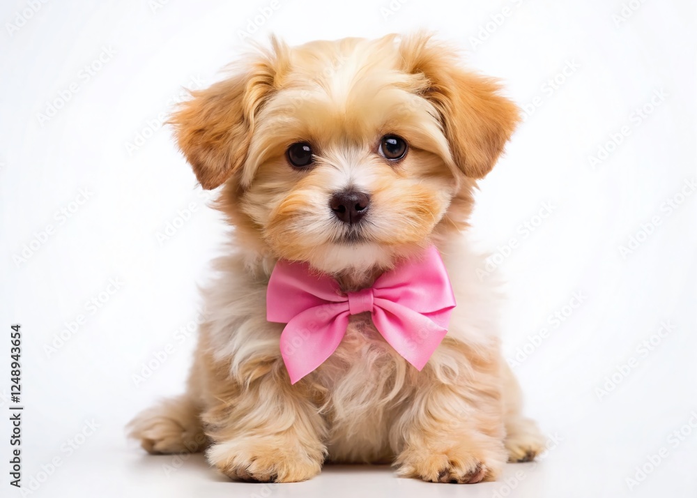 Adorable Puppy with Pink Bow, White Background Stock Photo Adorable Puppy with Pink Bow, White Background Stock Photo