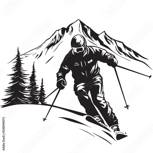 Vector black and white silhouette of a downhill skier isolated on white background.