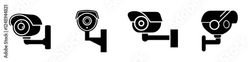 Surveillance camera icons representing various designs for security systems