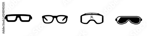 Different styles of eyewear showcasing glasses, goggles, and visors in a minimalist design