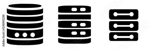Unlabeled black and white icons representing different types of data storage and organization methods for technology illustrations