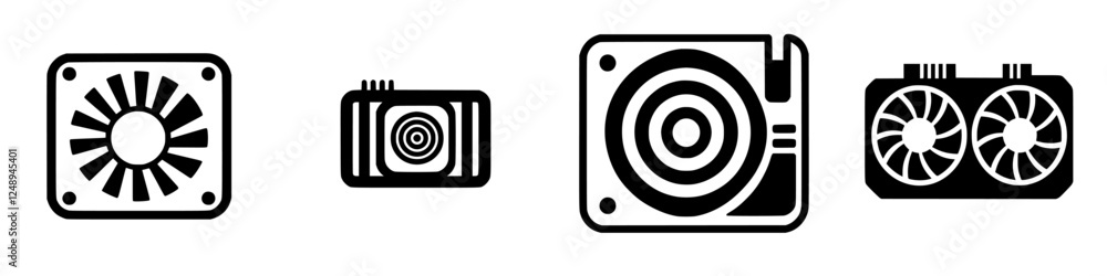 Variety of cooling system icons representing different technologies and designs suitable for electronic devices Variety of cooling system icons representing different technologies and designs suitable for electronic devices