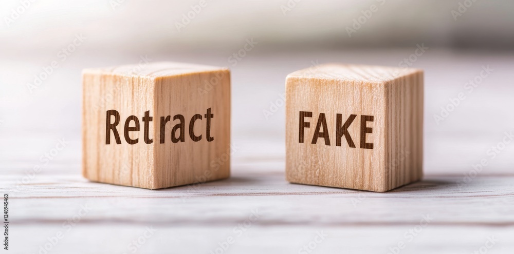 Wooden cubes showing 'Retract' and 'Fake' on white background Wooden cubes showing 'Retract' and 'Fake' on white background