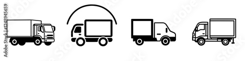 Series of truck illustrations depicting various delivery vehicle designs and actions for transport and logistics