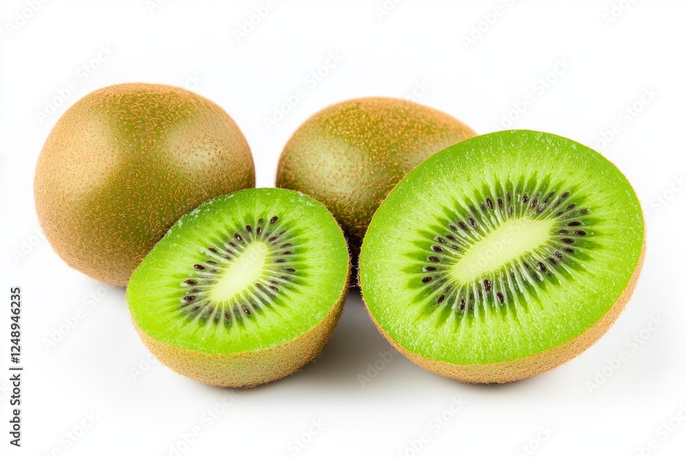 Studio shot of halved and whole kiwifruit on white Studio shot of halved and whole kiwifruit on white