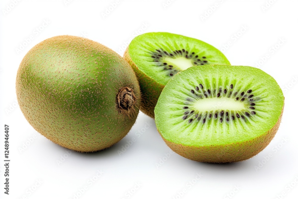 Obraz premium Juicy kiwi fruit halves, studio shot, white background, healthy food (1)