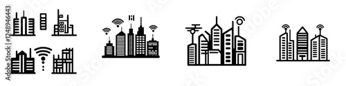 Urban cityscape icons representing modern buildings, technology, and connectivity in a sleek design