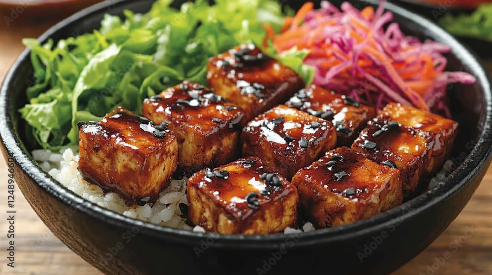 Tofu bowl, glazed cubes, rice, slaw, healthy meal, wooden background, recipe illustration Tofu bowl, glazed cubes, rice, slaw, healthy meal, wooden background, recipe illustration