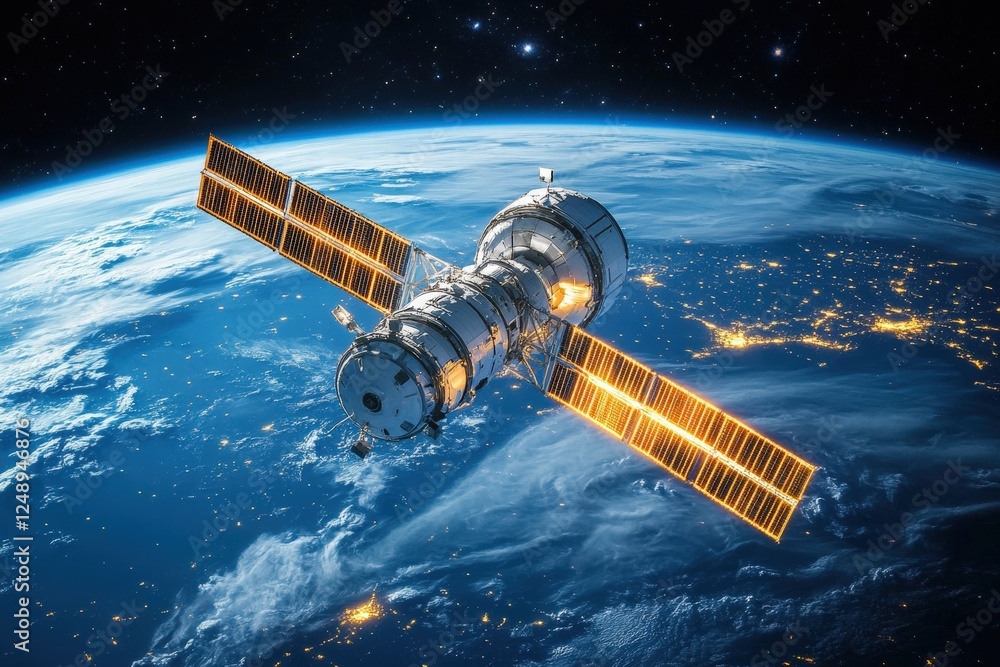 Fototapeta premium A futuristic space station orbiting Earth with glowing lights
