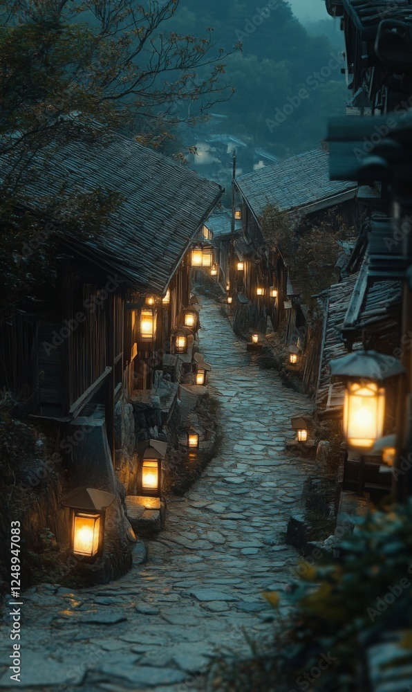 Illuminated cobblestone path through enchanting old village evoking mystery and tranquility Illuminated cobblestone path through enchanting old village evoking mystery and tranquility