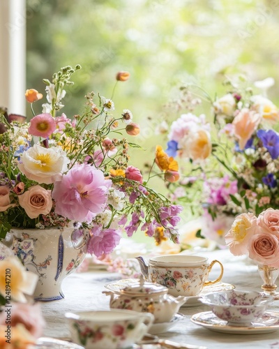 A garden tea party celebrating spring with delicate china and blooming floral arrangements