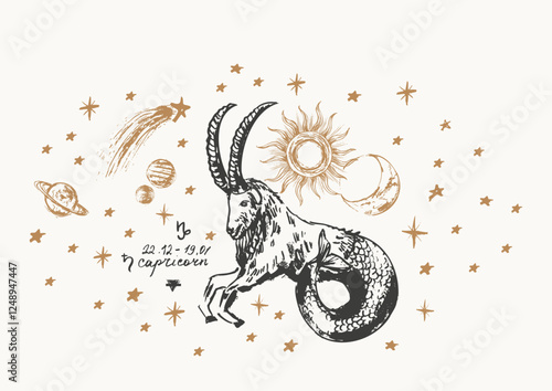 Hand drawn capricorn zodiac sign illustration, horoscope background