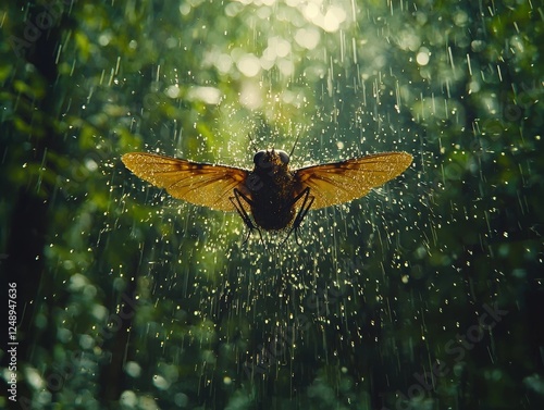 Cinematic shot of a fly evading slow motion raindrops in a lush jungle setting photo