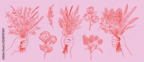 Hand drawn line art vector illustrations of hands holding bouquets of wildflowers and dried flowers, set on a soft pink background, perfect for floral and nature-themed designs