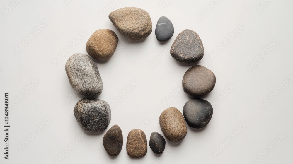 Zen garden harmony, Pebbles aligned in circular formation on soft grey backdrop Zen garden harmony, Pebbles aligned in circular formation on soft grey backdrop