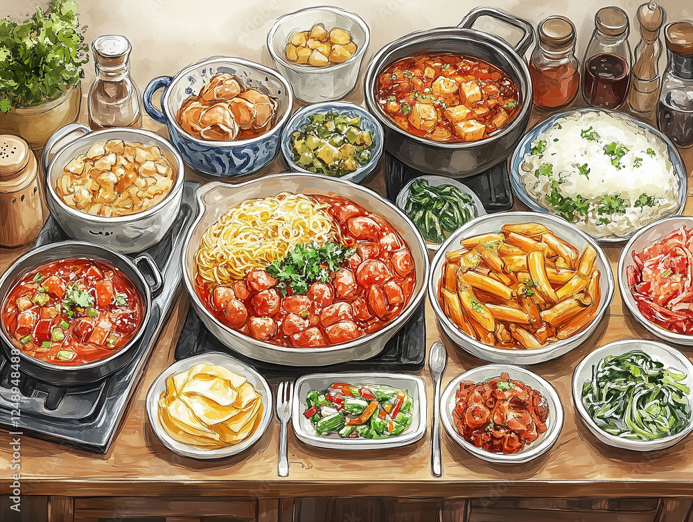 Cartoon food image: cozy kitchen filled with delightful meals and fresh herbs. Cartoon food image: cozy kitchen filled with delightful meals and fresh herbs.