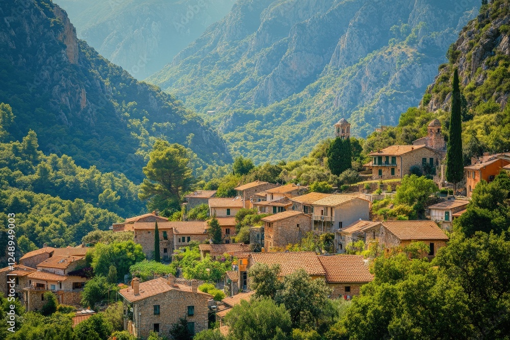 A picturesque village nestled in a lush valley surrounded by mountains A picturesque village nestled in a lush valley surrounded by mountains