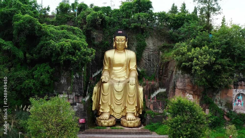 Golden Buddha statue captured in stunning aerial view amidst lush greenery Golden Buddha statue captured in stunning aerial view amidst lush greenery