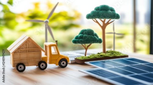 Miniature renewable energy scene with wind turbines, solar panels, and eco-friendly vehicles