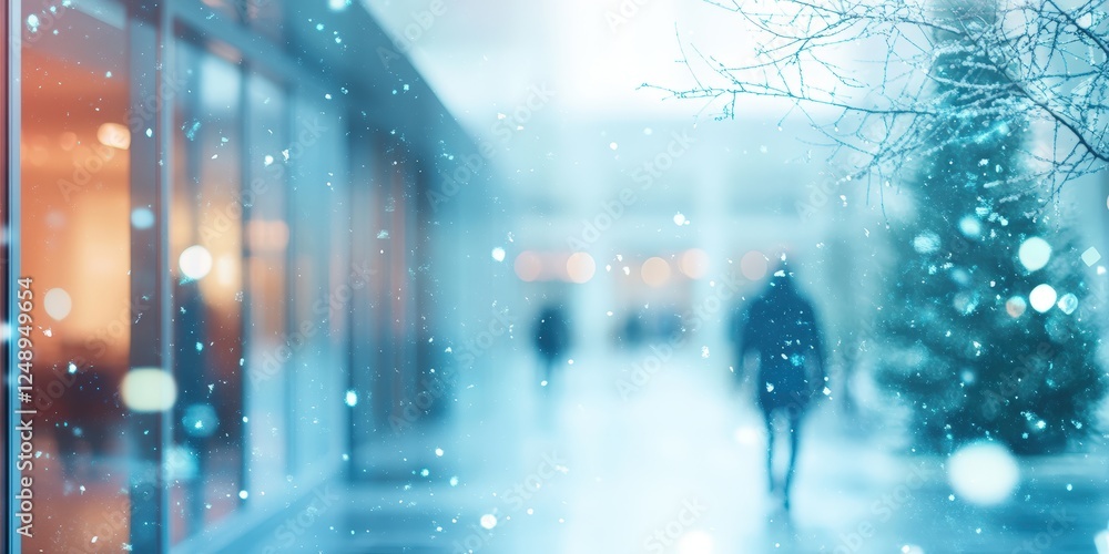 Blurred Background of an Office Building with Snowflakes and People Walking in a Winter Environment Blurred Background of an Office Building with Snowflakes and People Walking in a Winter Environment
