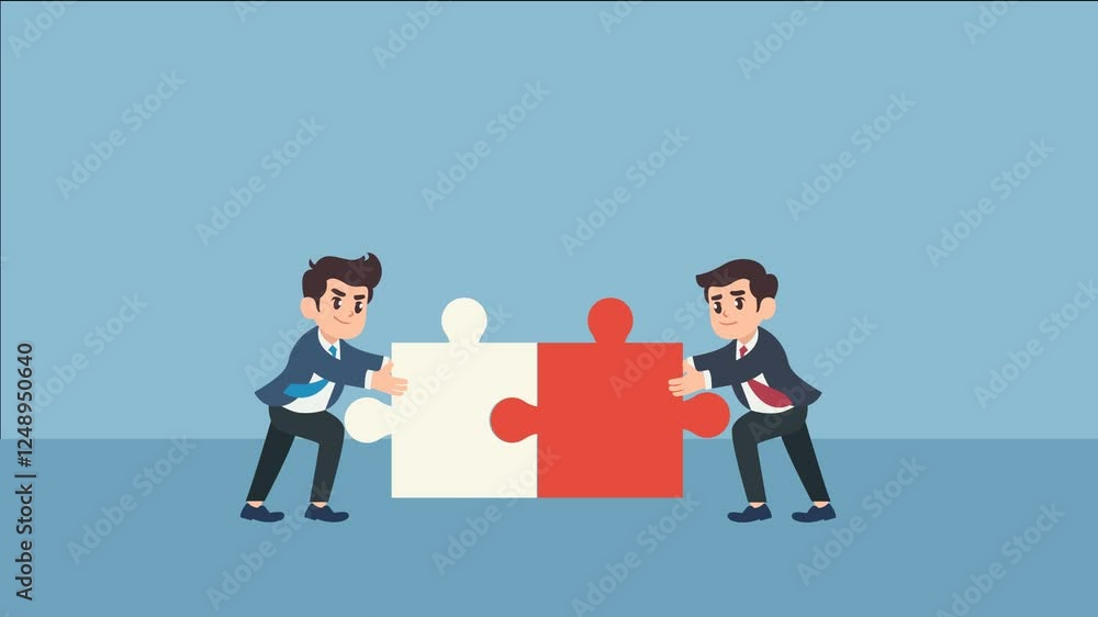 animation two businessman pussing puzzle pieces for Business concept. Teamwork metaphor. Symbol of working together, cooperation, partnership animation two businessman pussing puzzle pieces for Business concept. Teamwork metaphor. Symbol of working together, cooperation, partnership