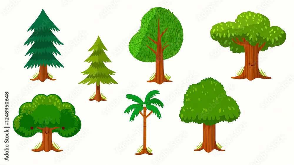 Fototapeta premium Set of trees isolated on white background. Vector illustration in cartoon style.