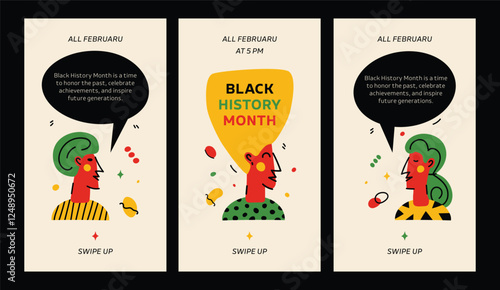 Set of 3 fully editable modern social media story templates celebrating Black History Month, featuring a stylized portraits with bold afro typography and speech bubbles.