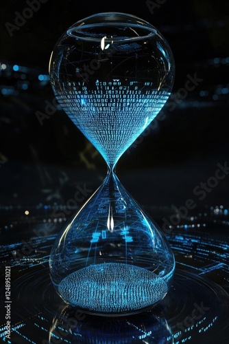 AI for time efficiency concept futuristic hourglass with binary code on black background with copy space. Time management solution