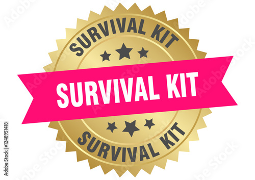 survival kit. survival kit round pink and gold label isolated on transparent background