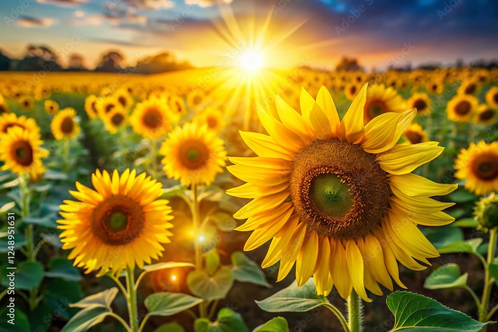 Fototapeta premium Aerial View of a Vast Sunflower Field with Bokeh Effect - Stunning Summer Landscape