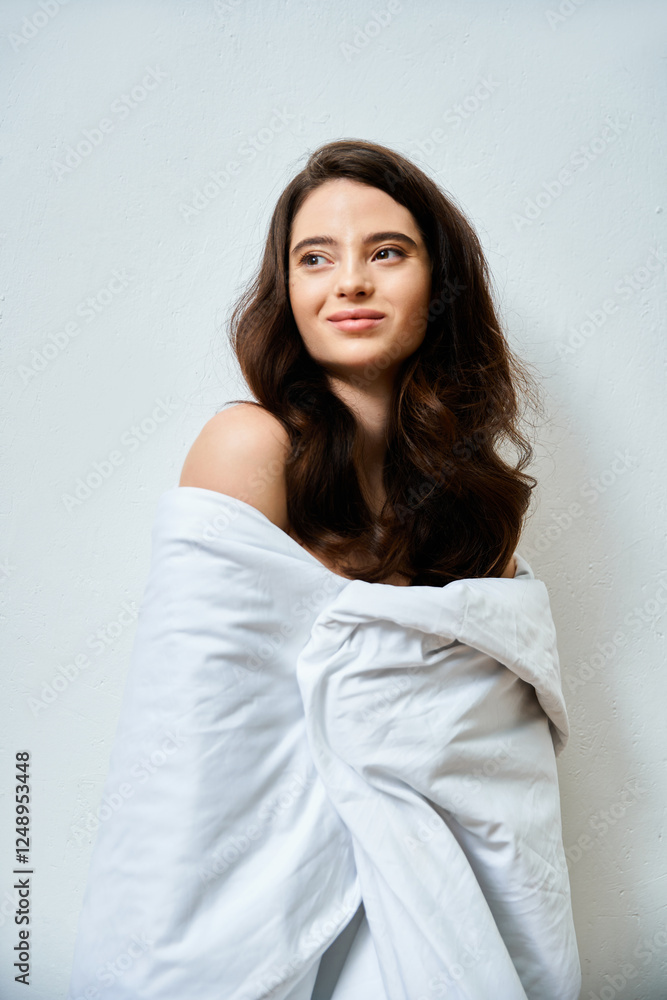 Captivating young woman wrapped in soft white fabric, exuding natural charm in serene setting Captivating young woman wrapped in soft white fabric, exuding natural charm in serene setting