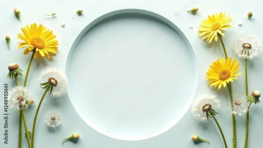 Fototapeta premium Round frame decorated with dandelions on white background with space for text, card template