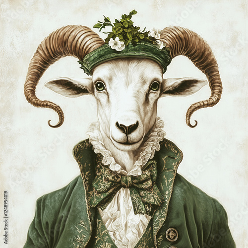 Irish-themed, Victorian animal, vintage illustration, St. Patrick’s Day, elegant animal, dressed animal, 19th-century fashion, historical costume photo