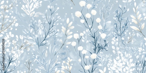 Fototapeta Naklejka Na Ścianę i Meble -  Blue and white winter floral wallpaper with stylized peonies and snowflakes, ideal for home decor.