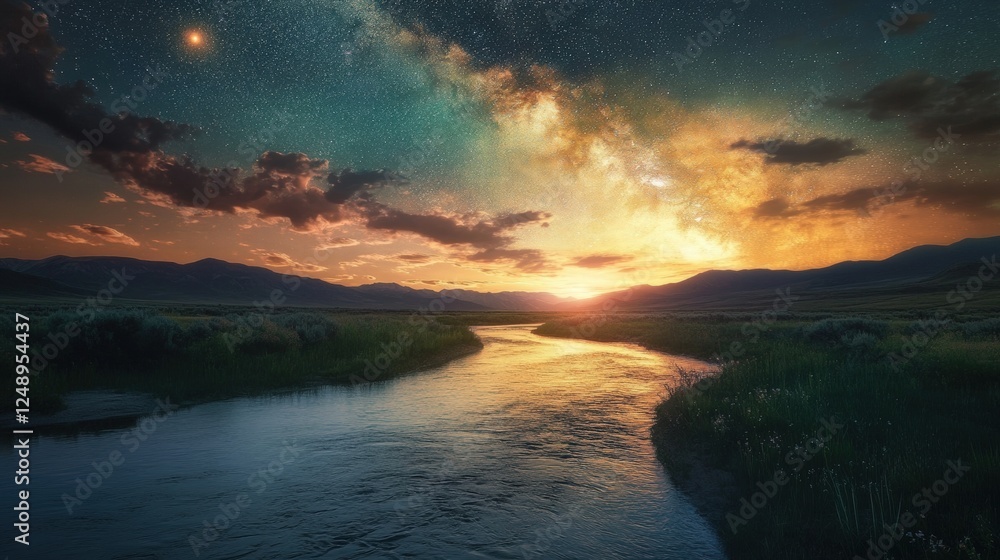 Fototapeta premium A river flowing through a serene meadow under a star-filled sky