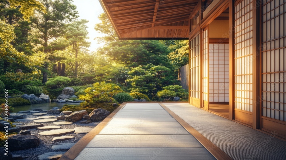 Japanese house overlooking lush garden at sunset, serene landscape and peaceful zen atmosphere Japanese house overlooking lush garden at sunset, serene landscape and peaceful zen atmosphere