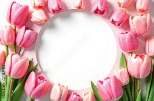 Wallpaper Mural Round frame decorated with pink tulips on white background with space for text, card template Torontodigital.ca