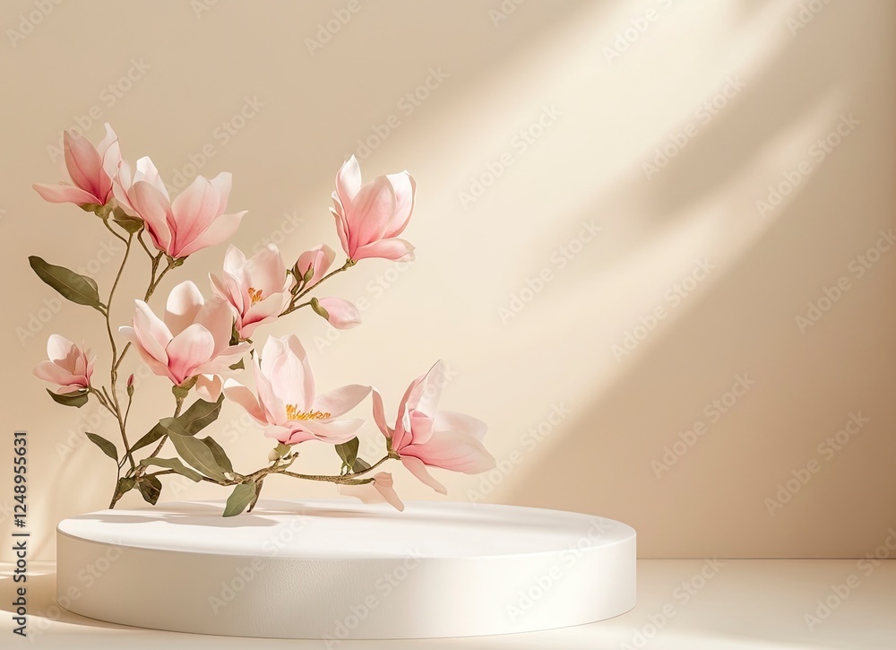 White, round podium with pink flowers on a beige background for product presentation, an empty mockup with a minimalistic design. White, round podium with pink flowers on a beige background for product presentation, an empty mockup with a minimalistic design.