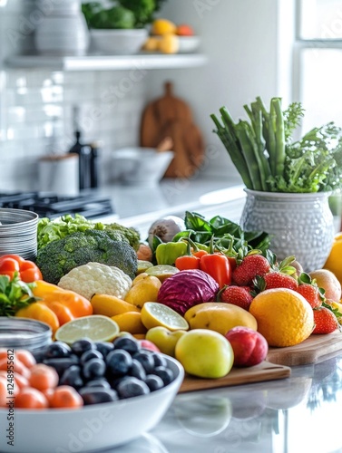 Fototapeta Naklejka Na Ścianę i Meble -  Fresh and colorful assortment of fruits and vegetables on a kitchen counter, ready to be prepared for cooking.