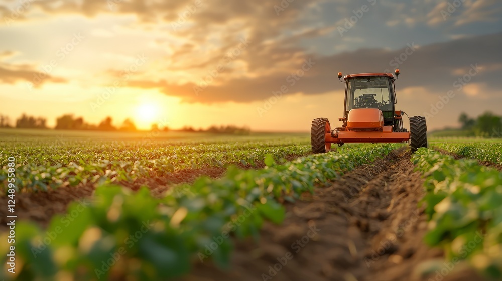 Tractor Working in a Green Field During Sunset with Beautiful Sky and Dramatic Clouds Above Agricultural Landscape Tractor Working in a Green Field During Sunset with Beautiful Sky and Dramatic Clouds Above Agricultural Landscape