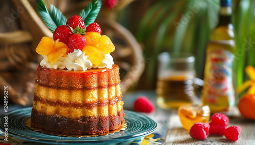 Layered Fruit Cake with Whipped Cream and Fresh Berries photo