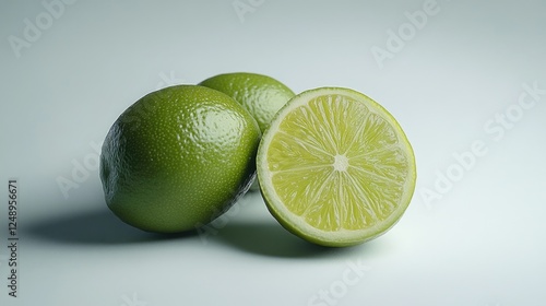 Two ripe green limes with a sour skin and juicy pulp, placed on a white background that blurs towards the edges of the image.