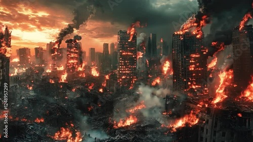 Bird's eye view of a zombie apocalypse: a city in ruins, burning buildings, shattered windows, and wandering zombies.