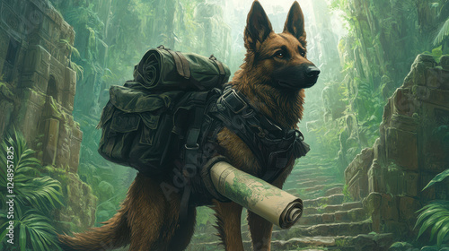 Dog in Tactical Gear Stands in a Lush Jungle With Ancient Ruins in the Background During Daylight Hours