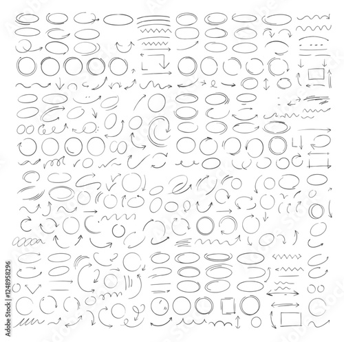doodle set drawn arrows underlines strokes marks ellipses rectangles ovals, lines shapes scribbles curves