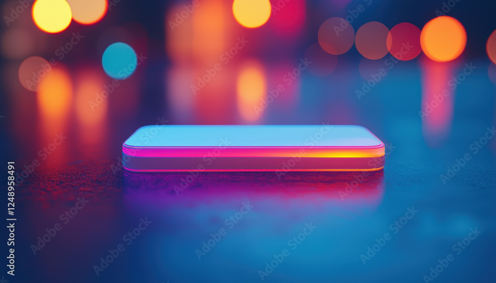 glowing rectangular device on reflective surface with colorful lights glowing rectangular device on reflective surface with colorful lights