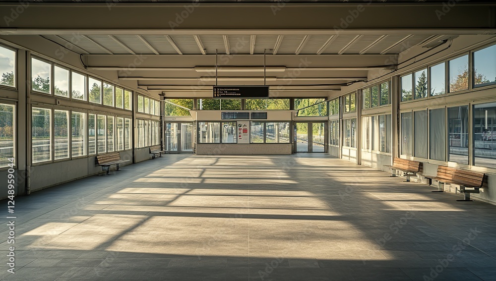 Sunlit Modern Train Platform: Design, Architecture, and Tranquil Waiting Area with Benches, Natural Light Illuminates Interior Space